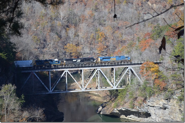 CSX 4849-NS 9893-CSX 2760 on s/b Q698 (Cincinnati – Hamlet) crossing Pool Point trestle near Elkhorn City.